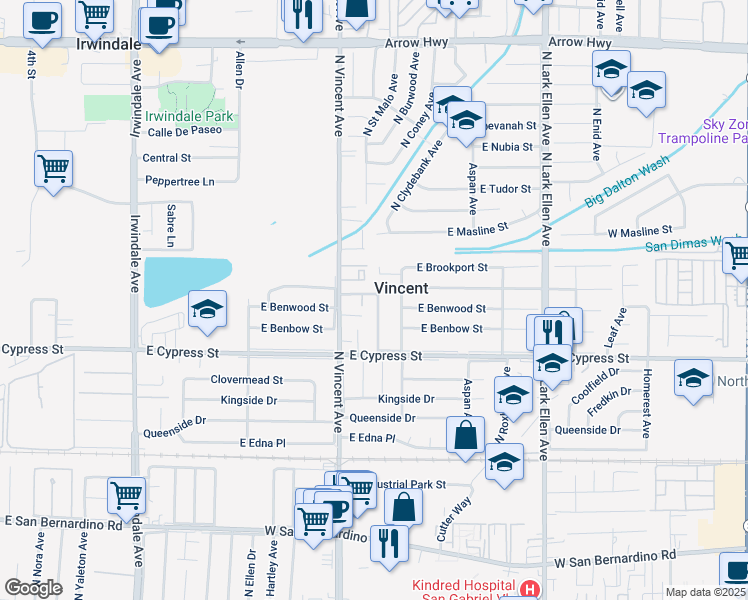 map of restaurants, bars, coffee shops, grocery stores, and more near 16538 East Bellbrook Street in Covina