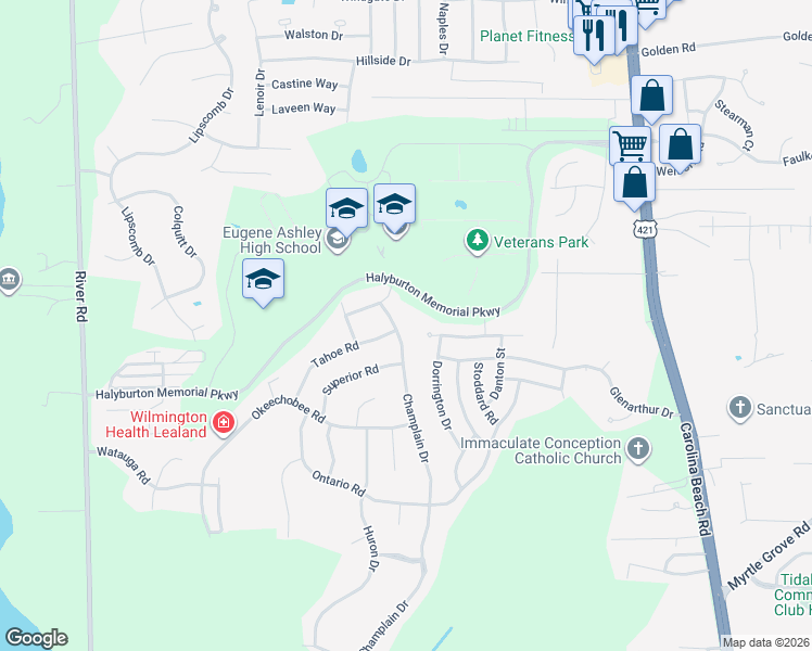 map of restaurants, bars, coffee shops, grocery stores, and more near 7313 Champlain Rd in Wilmington