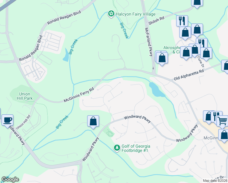 map of restaurants, bars, coffee shops, grocery stores, and more near 1195 Wynridge Crossing in Alpharetta