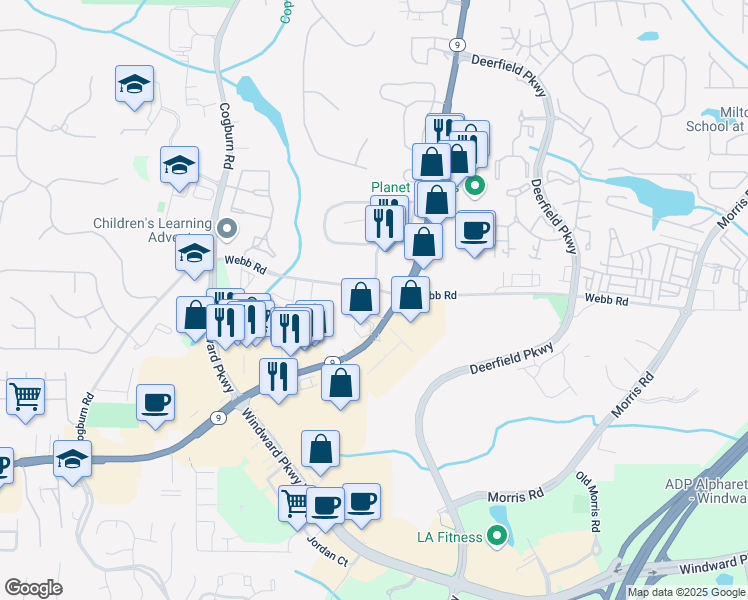 map of restaurants, bars, coffee shops, grocery stores, and more near 2925 Webb Road in Milton
