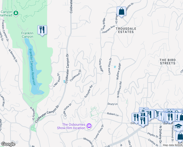 map of restaurants, bars, coffee shops, grocery stores, and more near 1500 Gilcrest Drive in Beverly Hills