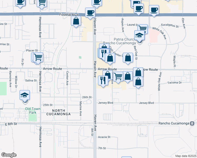 map of restaurants, bars, coffee shops, grocery stores, and more near 8577 Haven Avenue in Rancho Cucamonga