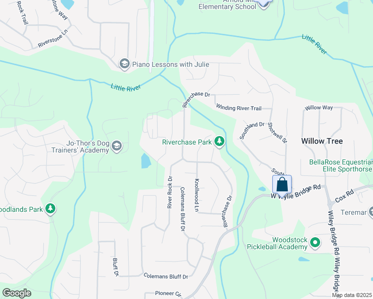 map of restaurants, bars, coffee shops, grocery stores, and more near 158 Riverchase Drive in Woodstock