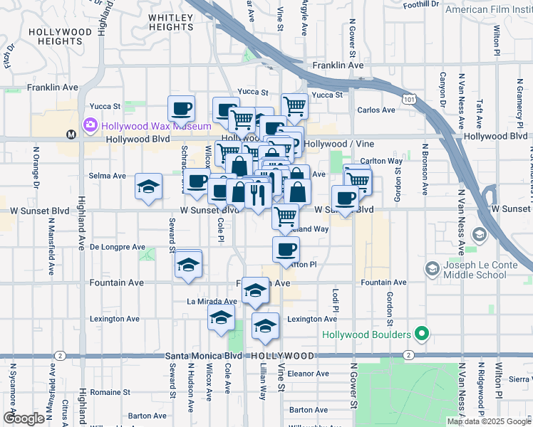 map of restaurants, bars, coffee shops, grocery stores, and more near 6330 Sunset Boulevard in Los Angeles