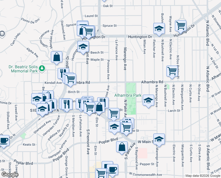 map of restaurants, bars, coffee shops, grocery stores, and more near 308 North Primrose Avenue in Alhambra