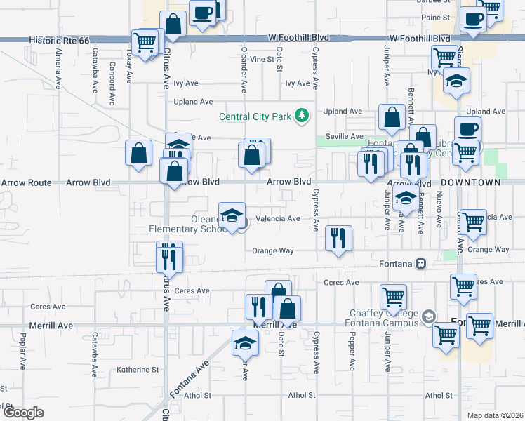 map of restaurants, bars, coffee shops, grocery stores, and more near 16408 Valencia Avenue in Fontana
