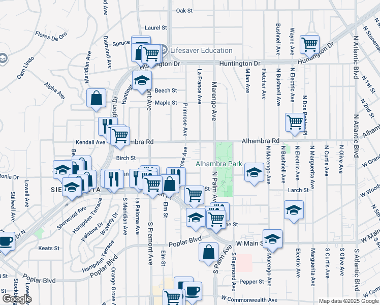 map of restaurants, bars, coffee shops, grocery stores, and more near 308 North Primrose Avenue in Alhambra
