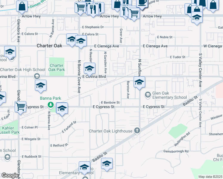 map of restaurants, bars, coffee shops, grocery stores, and more near 1013 North Lyman Avenue in Covina