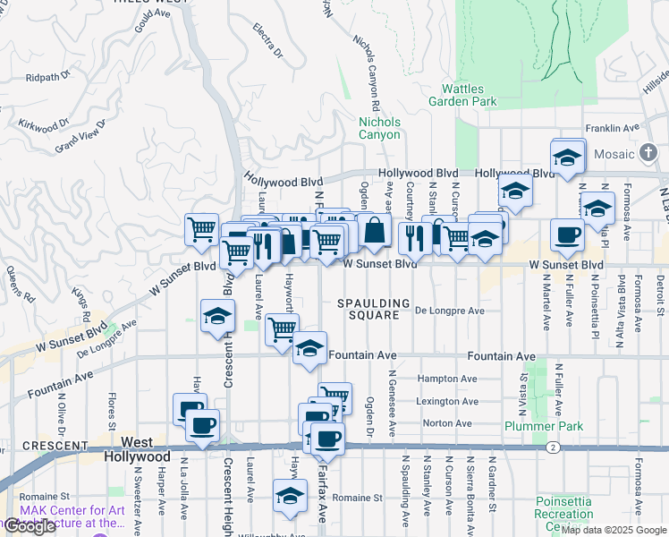 map of restaurants, bars, coffee shops, grocery stores, and more near 7850 Sunset Boulevard in Los Angeles