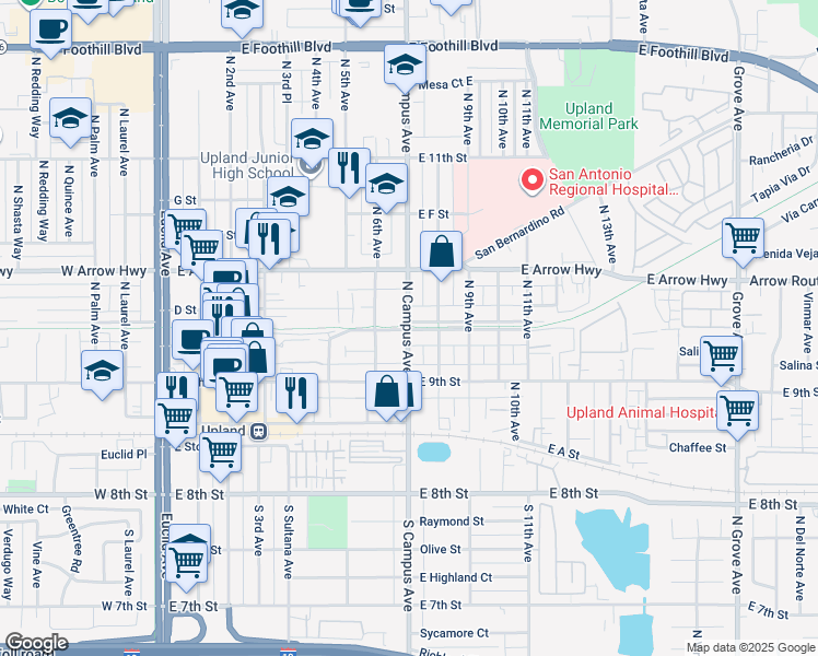 map of restaurants, bars, coffee shops, grocery stores, and more near North Campus Avenue in Upland