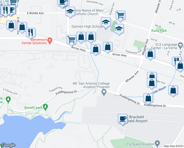 map of restaurants, bars, coffee shops, grocery stores, and more near 858 De Anza Heights Drive in La Verne