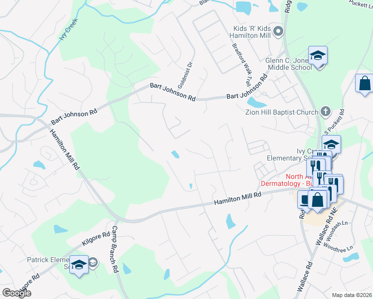 map of restaurants, bars, coffee shops, grocery stores, and more near 3587 Bendleton Drive in Buford