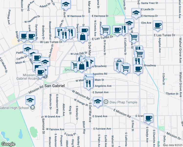 map of restaurants, bars, coffee shops, grocery stores, and more near 326a South Del Mar Avenue in San Gabriel