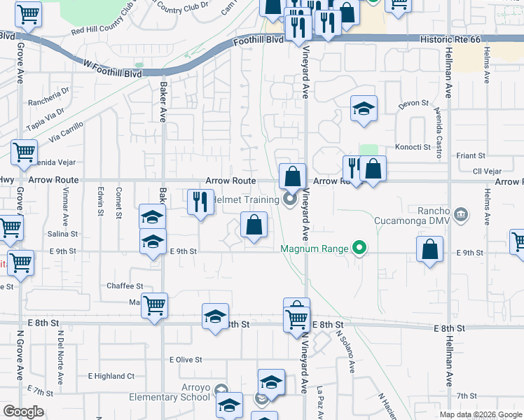 map of restaurants, bars, coffee shops, grocery stores, and more near 8738 East 9th Street in Rancho Cucamonga