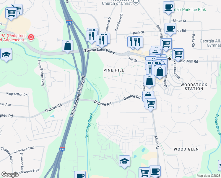 map of restaurants, bars, coffee shops, grocery stores, and more near 235 Goshen Lane in Woodstock