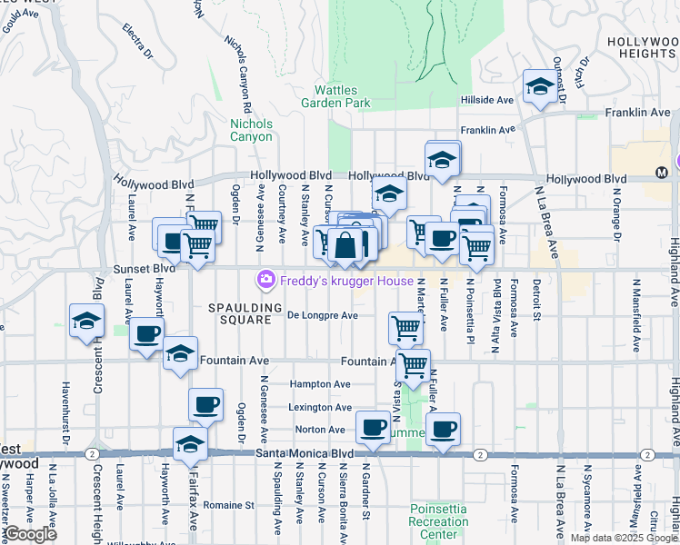 map of restaurants, bars, coffee shops, grocery stores, and more near 7566 Sunset Boulevard in Los Angeles