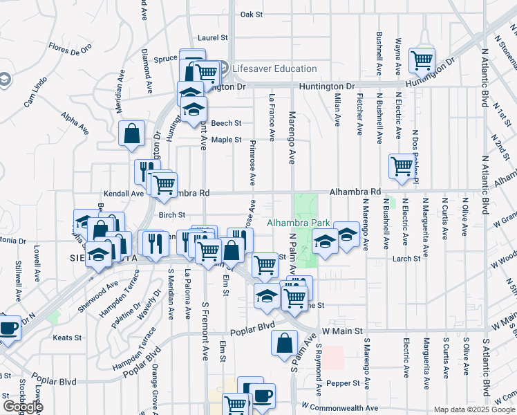 map of restaurants, bars, coffee shops, grocery stores, and more near 308 North Primrose Avenue in Alhambra