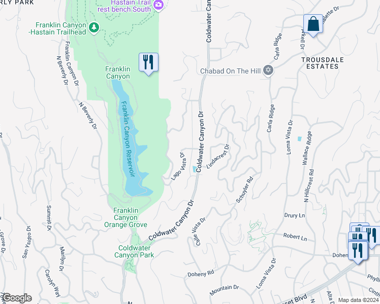 map of restaurants, bars, coffee shops, grocery stores, and more near 1231 Lago Vista Drive in Beverly Hills