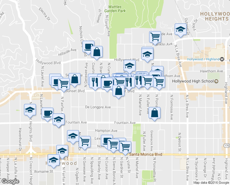 map of restaurants, bars, coffee shops, grocery stores, and more near 7554 Sunset Blvd in Los Angeles