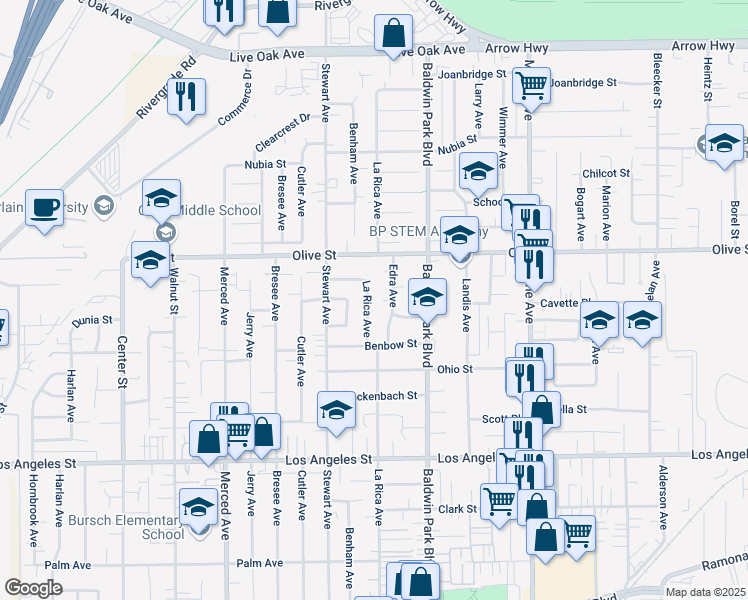 map of restaurants, bars, coffee shops, grocery stores, and more near 4718 La Rica Avenue in Baldwin Park