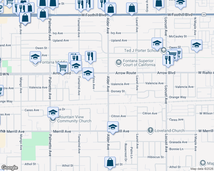 map of restaurants, bars, coffee shops, grocery stores, and more near 8586 Alder Avenue in Fontana