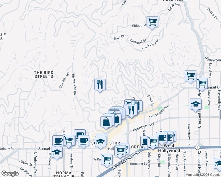 map of restaurants, bars, coffee shops, grocery stores, and more near 8692 Franklin Avenue in Los Angeles