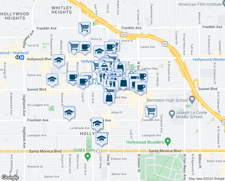 map of restaurants, bars, coffee shops, grocery stores, and more near 6288 Sunset Boulevard in Los Angeles