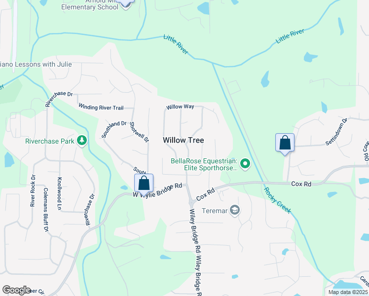 map of restaurants, bars, coffee shops, grocery stores, and more near 1315 Willow Tree Drive in Woodstock