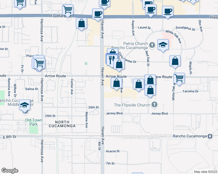 map of restaurants, bars, coffee shops, grocery stores, and more near 8577 Haven Avenue in Rancho Cucamonga