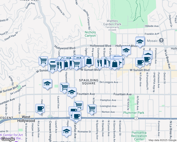 map of restaurants, bars, coffee shops, grocery stores, and more near 7756 Sunset Boulevard in Los Angeles