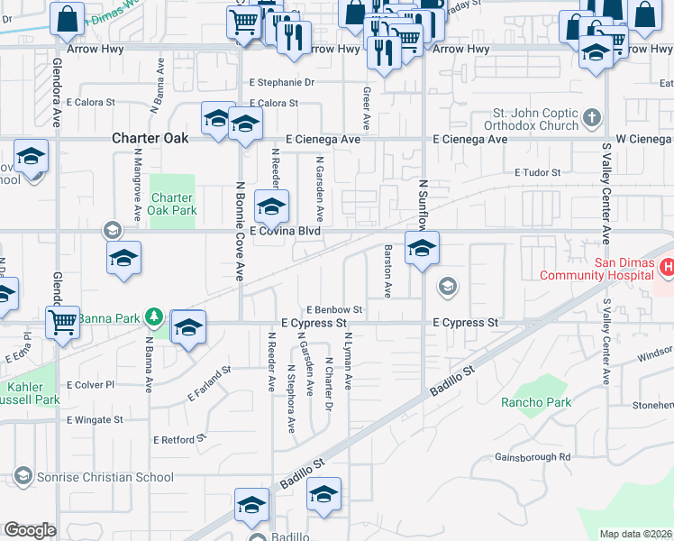 map of restaurants, bars, coffee shops, grocery stores, and more near 1013 North Lyman Avenue in Covina