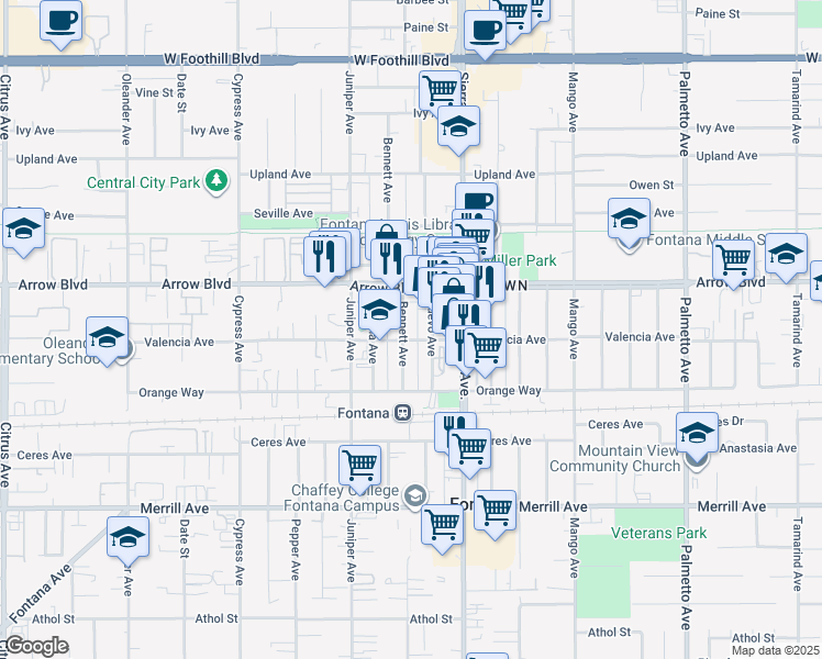 map of restaurants, bars, coffee shops, grocery stores, and more near 8565 Bennett Avenue in Fontana