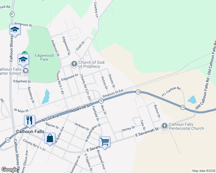 map of restaurants, bars, coffee shops, grocery stores, and more near 106 Victory Drive in Calhoun Falls