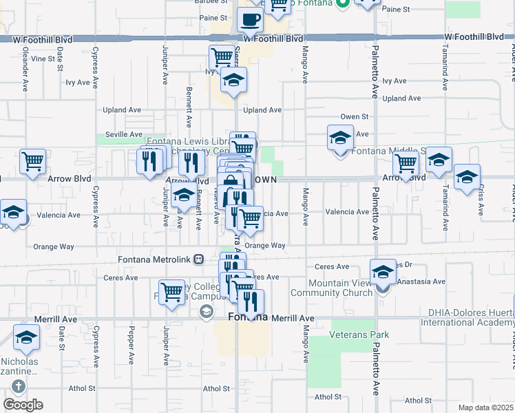 map of restaurants, bars, coffee shops, grocery stores, and more near 8579 Wheeler Avenue in Fontana