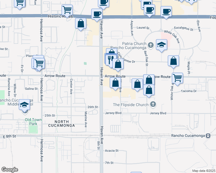 map of restaurants, bars, coffee shops, grocery stores, and more near 8577 Haven Avenue in Rancho Cucamonga