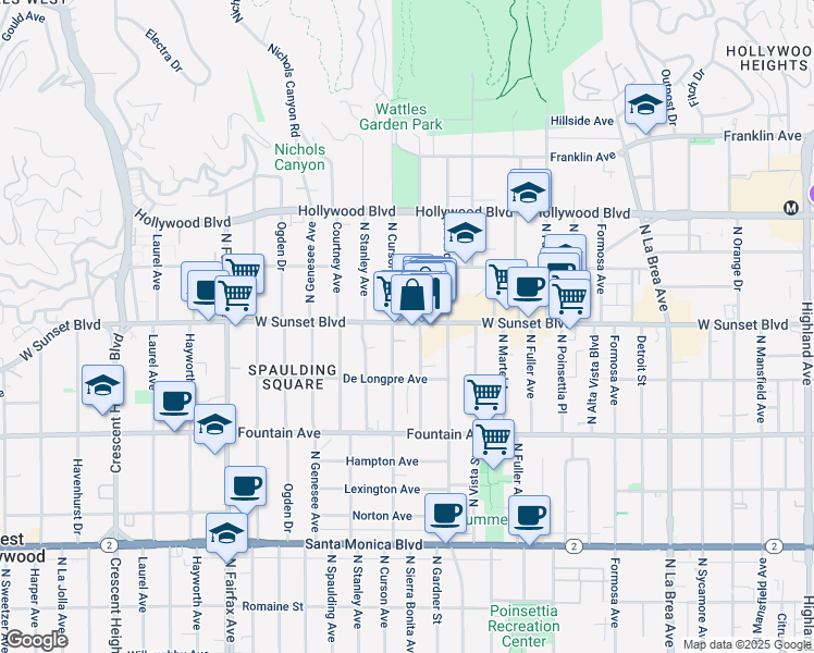 map of restaurants, bars, coffee shops, grocery stores, and more near 7564 Sunset Boulevard in Los Angeles