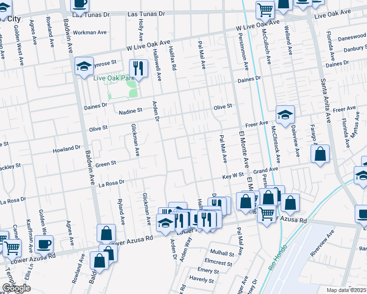 map of restaurants, bars, coffee shops, grocery stores, and more near Halifax Road in Temple City