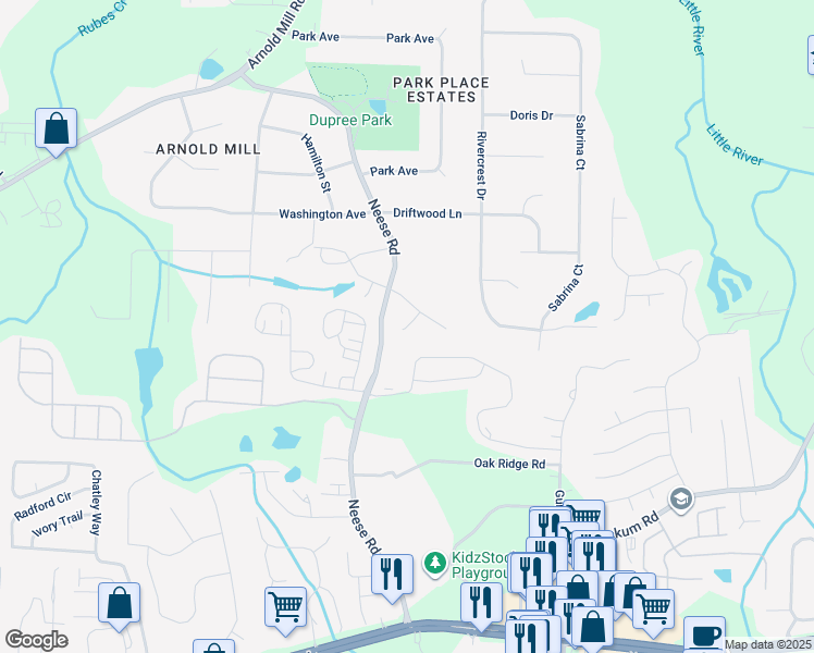 map of restaurants, bars, coffee shops, grocery stores, and more near 702 Ridgecrest Way in Woodstock