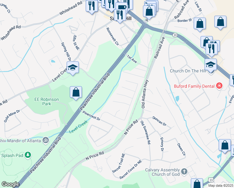 map of restaurants, bars, coffee shops, grocery stores, and more near 4614 Pine Isle Way in Sugar Hill