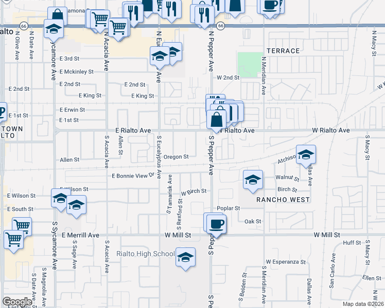 map of restaurants, bars, coffee shops, grocery stores, and more near 183 South Loretta Street in Rialto