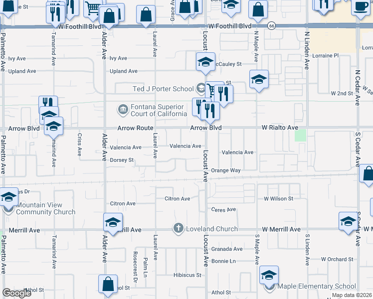map of restaurants, bars, coffee shops, grocery stores, and more near 18033 Valencia Avenue in Fontana