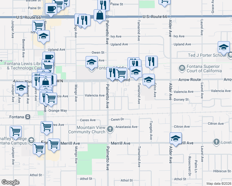 map of restaurants, bars, coffee shops, grocery stores, and more near 17352 Valencia Avenue in Fontana
