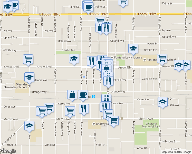 map of restaurants, bars, coffee shops, grocery stores, and more near 8565 Bennett Avenue in Fontana