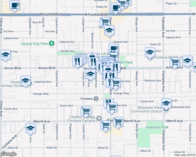map of restaurants, bars, coffee shops, grocery stores, and more near 8565 Bennett Avenue in Fontana