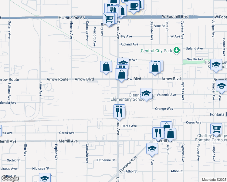 map of restaurants, bars, coffee shops, grocery stores, and more near 8550 Citrus Avenue in Fontana