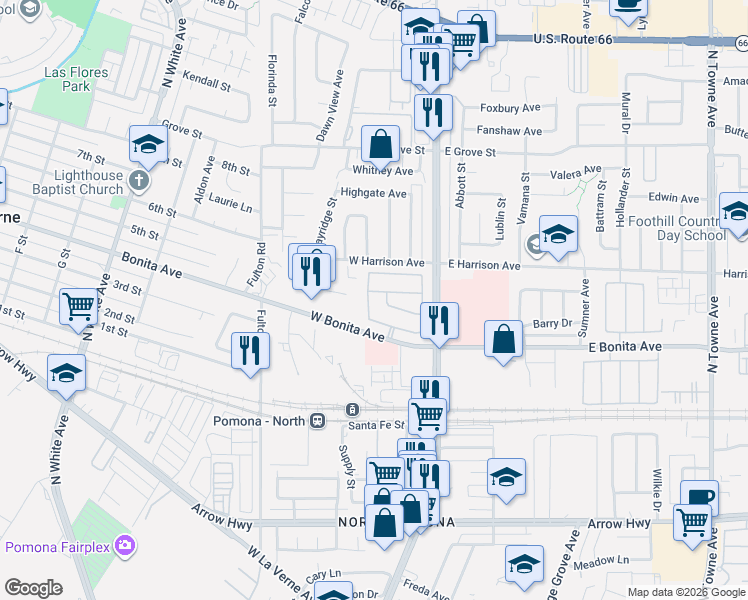 map of restaurants, bars, coffee shops, grocery stores, and more near 2838 Tristania Way in Pomona