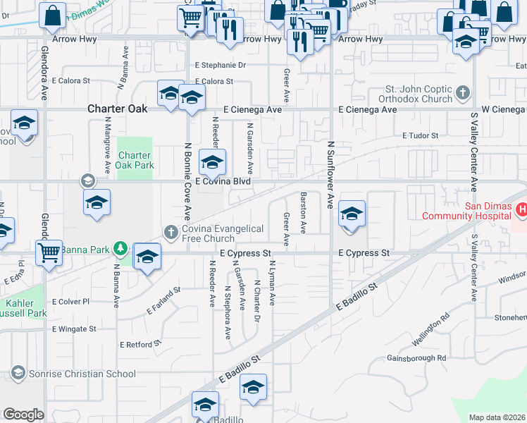 map of restaurants, bars, coffee shops, grocery stores, and more near 1021 Lyman Avenue in Covina