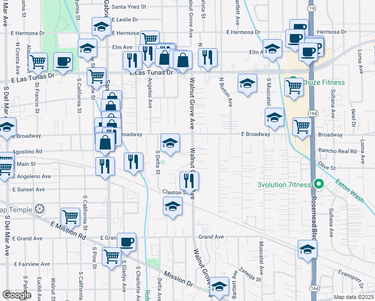 map of restaurants, bars, coffee shops, grocery stores, and more near 343 Walnut Grove Avenue in San Gabriel