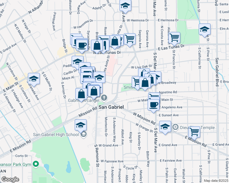 map of restaurants, bars, coffee shops, grocery stores, and more near 320 Junipero Place in San Gabriel