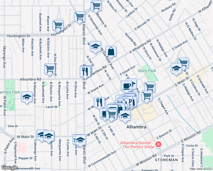 map of restaurants, bars, coffee shops, grocery stores, and more near 112 West Grand Avenue in Alhambra